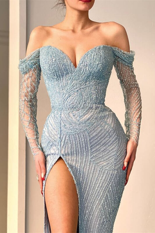 New Arrival Long Sleeves Mermaid Prom Dress Beadings Off-the-Shoulder With Slit