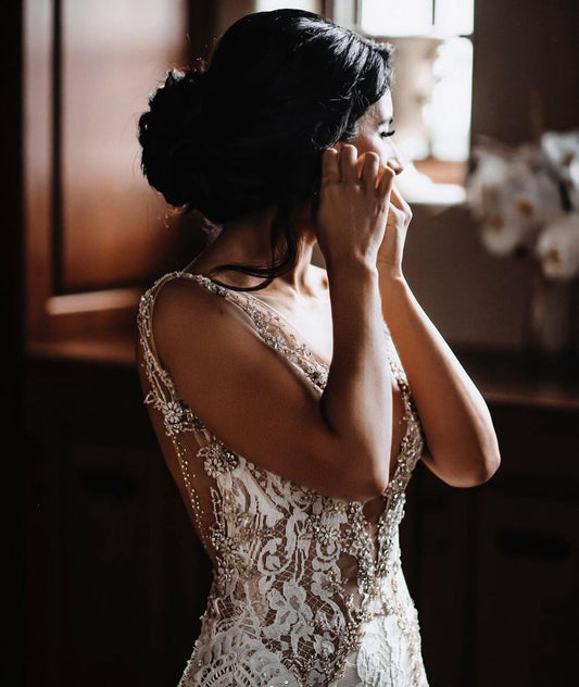 Elegant V-neck Mermaid Wedding Dress with Open Back and Wide Lace Straps