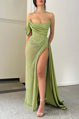 Modern Sage Green Strapless Mermaid Prom Dress With High Split