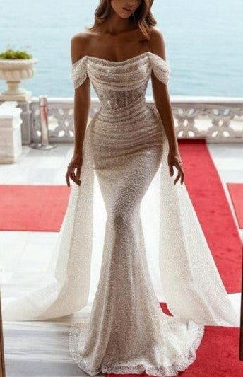 White Off-the-Shoulder Sequin Prom Dress Mermaid Pleated