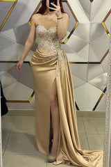 Modern Champagne Sweetheart Prom Dress Split Long With Appliques Ruffle