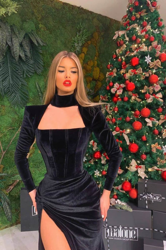 Gorgeous Black Velvet Long Sleeves Mermaid Prom Dress High Neck Split