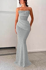 Burgundy Sleeveless Strapless Square Mermaid Prom Dress With Pleated