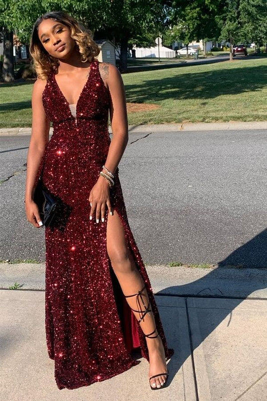 Modern Burgundy V-Neck Sleeveless Mermaid Prom Dress With Sequins Split