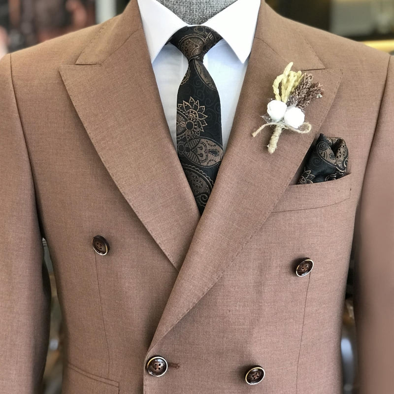 Alston Bespoke Light Coffee Peaked Lapel Double Breasted Prom Suits
