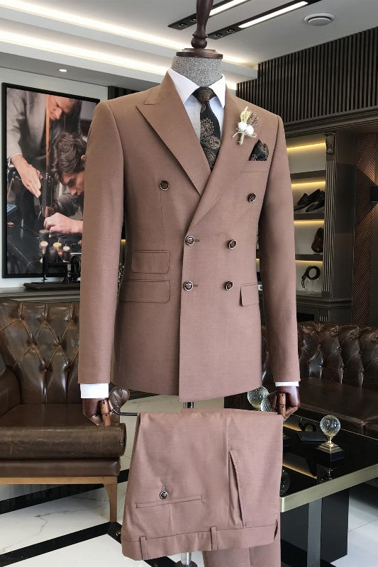 Alston Bespoke Light Coffee Peaked Lapel Double Breasted Prom Suits
