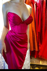 New Arrival Fuchsia V-Neck Sleeveless Mermaid Prom Dress Pleats With Split