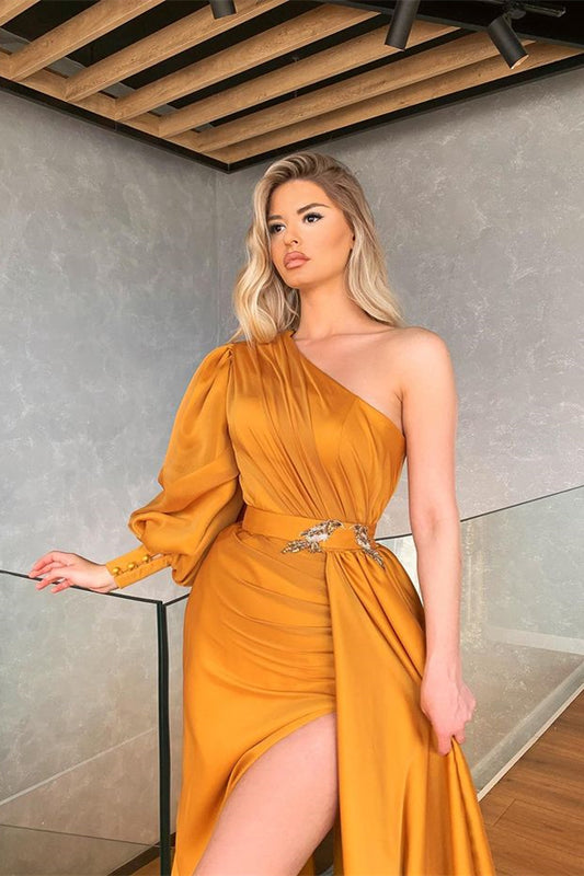 Modern One Shoulder Mermaid Split Prom Dress Ruffles With Long Sleeves