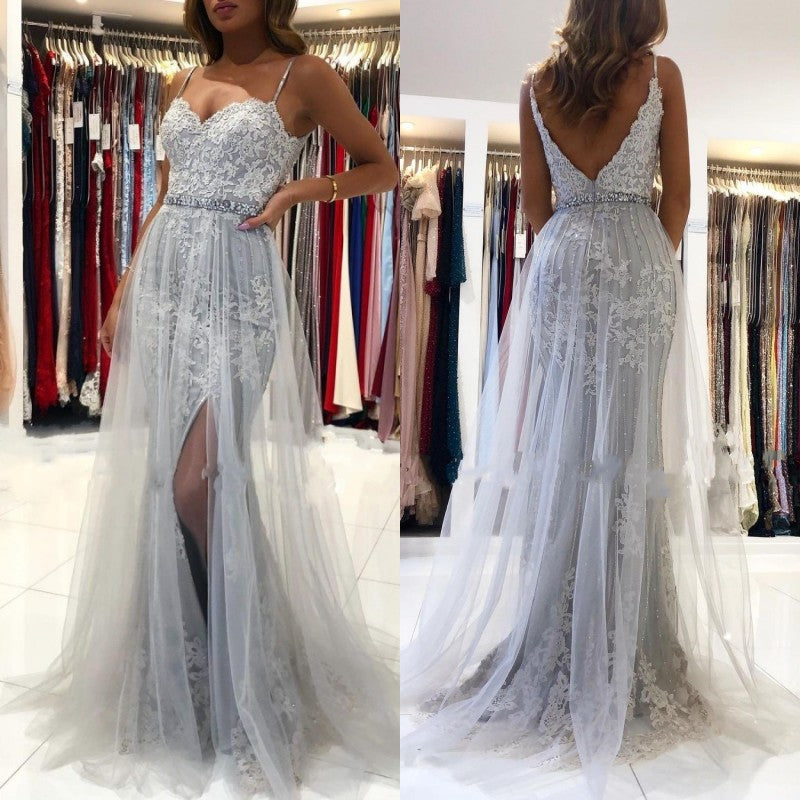 Elegant Spaghetti-Straps Sweetheart Lace Tulle Prom Dress With Appliques