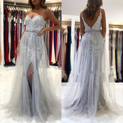 Elegant Spaghetti-Straps Sweetheart Lace Tulle Prom Dress With Appliques