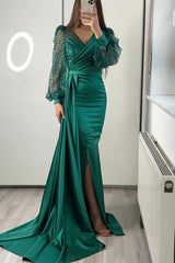 Classy Long Sleeves V-Neck  Mermaid Prom Dress Long With Ruffles Sequins