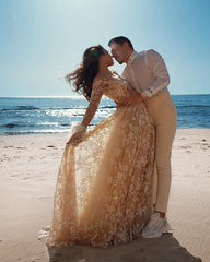 Elegant Long A-line Wedding Dress Featuring Lace and a Train