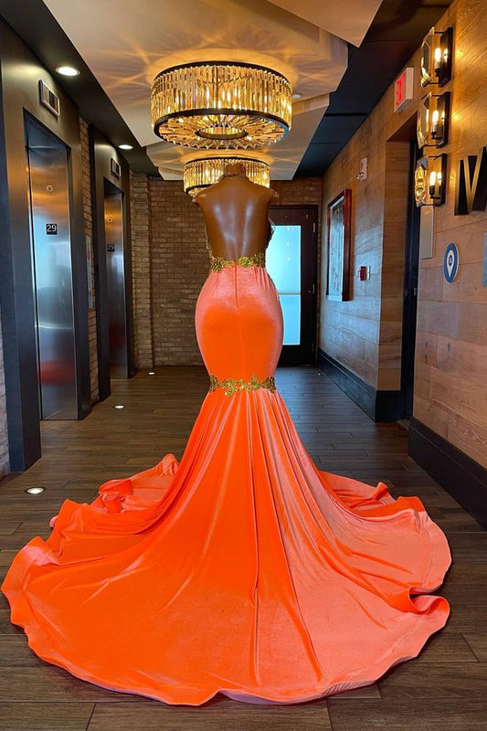 Modern Orange Halter Mermaid Prom Dress Backless With Appliques