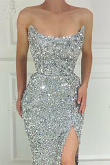 Gorgeous Silver Sequins Strapless Mermaid Prom Dress Long With Split