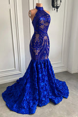 Chic High Neckk Royal Blue Sequins Prom Dresses Mermaid With Flowers Bottom