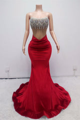 Stunning Red Strapless Mermaid Prom Dress With Crystal Beads