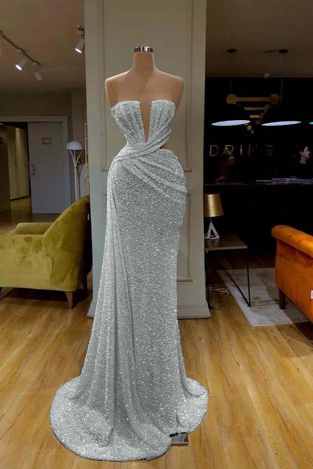  Gorgeous White Sequins Strapless Mermaid Prom Dress