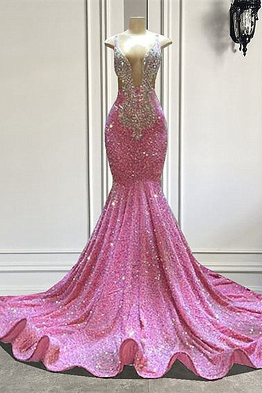 Classic Pink Sleeveless Prom Dress Mermaid Sequins With Crystals