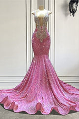 Classic Pink Sleeveless Prom Dress Mermaid Sequins With Crystals