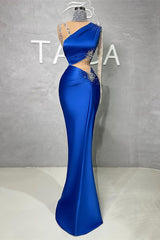 Royal Blue Long Sleeves Prom Dress Mermaid One Shoulder High Neck With Beads