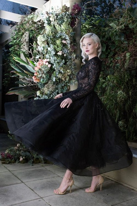 Elegant Black Tea-Length Bateau Sleeve Wedding Gown Featuring Lace Appliques