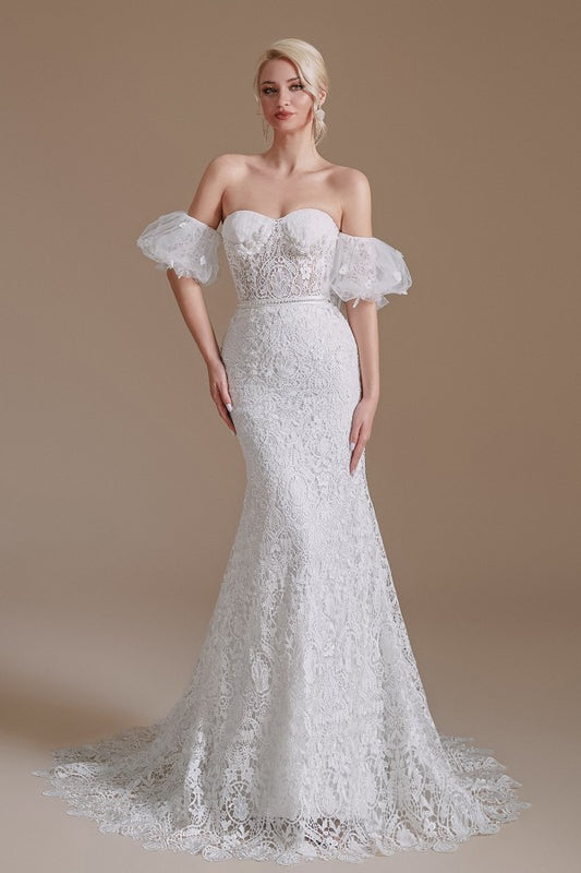 Long Mermaid Sweetheart Wedding Dresses With Detachable Sleeves in Vintage Lace