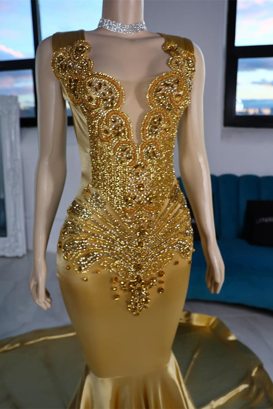 Modern Gold Scoop Sleeveless Mermaid Prom Dress With Beadings Long