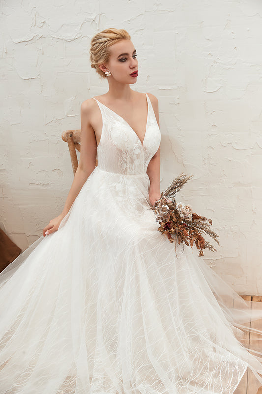 Elegant Deep V-neck A-Line Open Back Wedding Gown in Lace Tulle
