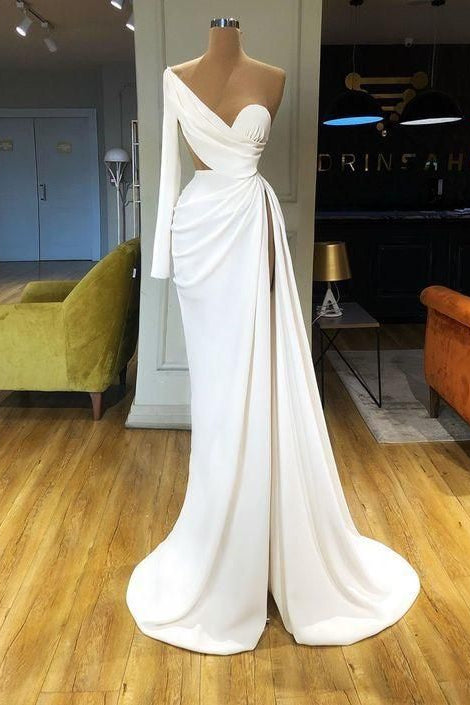 Beautiful Long Sleeves One Shoulder Prom Dress Mermaid Long With Split