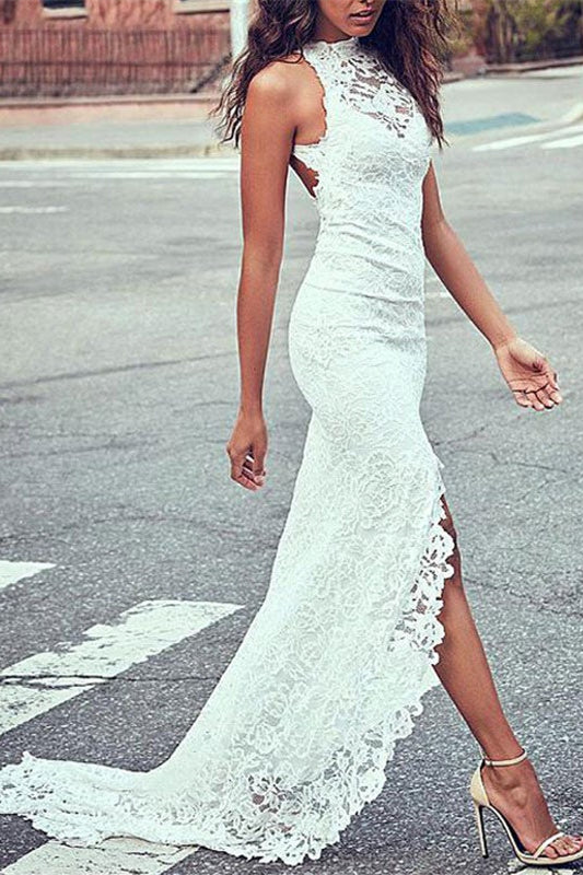 Summer Beach Wedding Dress with High Neck and Lace