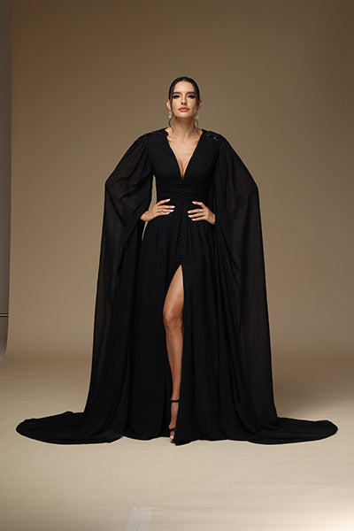 Long Sleeve Black Prom Dress Deep V-Neck BallGown With High Split