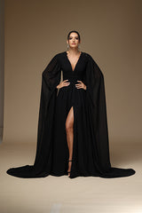 Long Sleeve Black Prom Dress Deep V-Neck BallGown With High Split