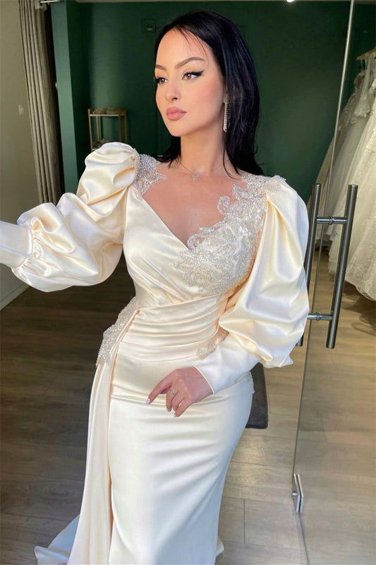 Glamorous Cream Long Sleeves Prom Dresses Mermaid Ruffles With Beads