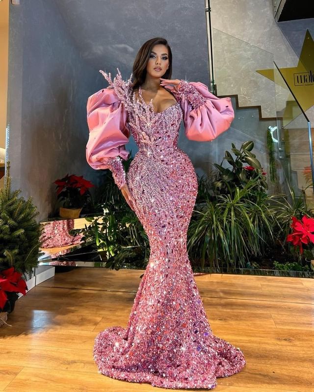 New Arrival Long Sleeves Mermaid Prom Dress Sequins With Beads