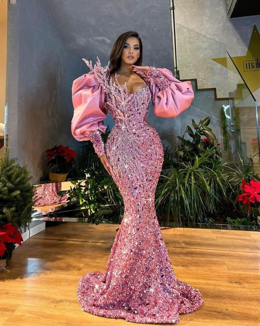 New Arrival Long Sleeves Mermaid Prom Dress Sequins With Beads