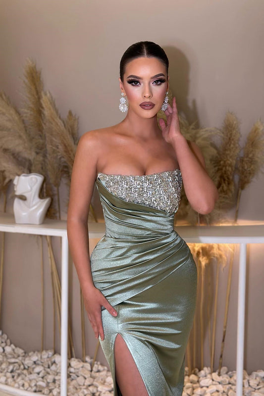 Amazing Dusty Sage Strapless Prom Dress Mermaid Slit Long With Beads