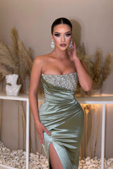 Amazing Dusty Sage Strapless Prom Dress Mermaid Slit Long With Beads
