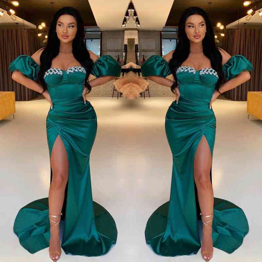 Charming Dark Green Sweetheart Prom Dress Mermaid Slit Long With Detachable Sleeves