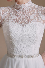 Elegant A-line Wedding Gown with High Neck, Long Sleeves, and Tulle Lace