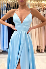 Gorgeous Sky Blue Spaghetti-Straps V-Neck A-line Prom Dress With Split