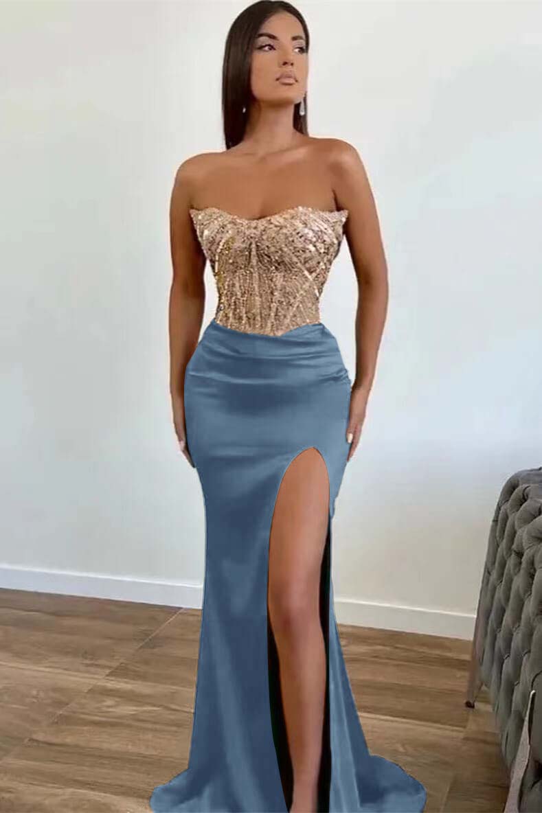  Dark Green Beaded Mermaid Prom Dress Strapless Slit Sequins Gown