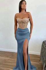  Dark Green Beaded Mermaid Prom Dress Strapless Slit Sequins Gown