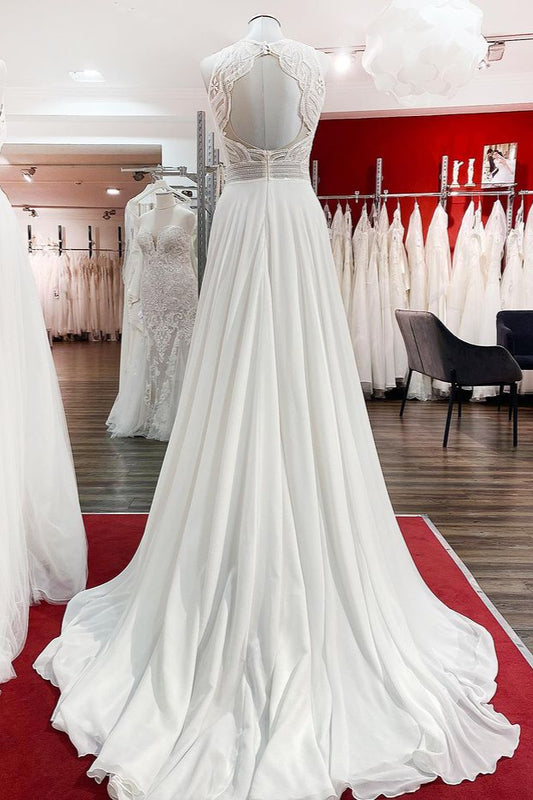 Elegant A-line Chiffon Wedding Dress with Jewel Open Back and Ruffled Appliques