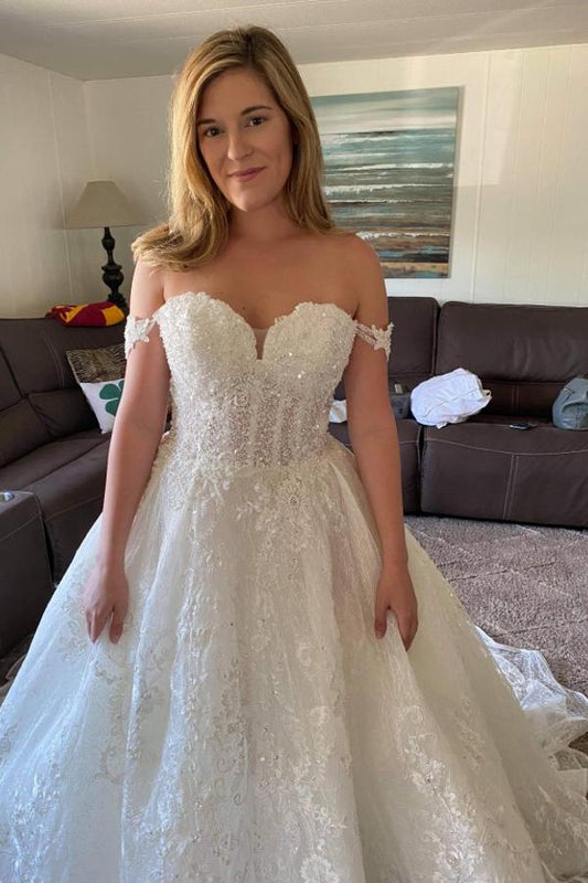 Elegant Off-The-Shoulder Beaded Lace A-line Bridal Gown
