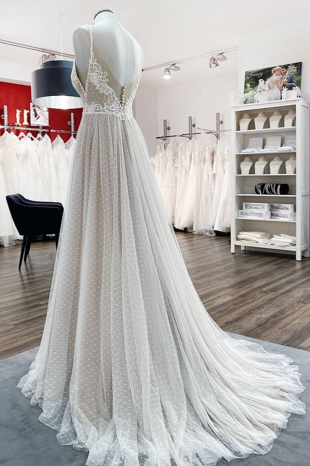Elegant V-neck A-line Long Wedding Dress with Open Back and Tulle Lace