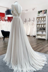Elegant V-neck A-line Long Wedding Dress with Open Back and Tulle Lace
