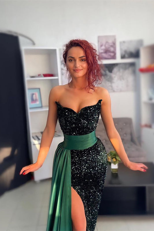 Charming Green Sequined Prom Dress Off-the-Shoulder High Slit