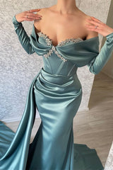 Gorgeous Long Sleeves Off-the-Shoulder Prom Dress Mermaid Ruffles With Beads