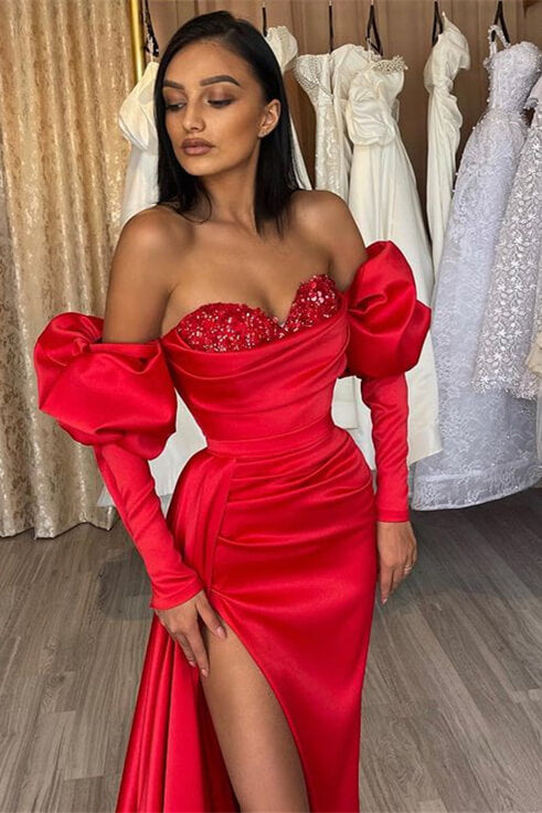 Glorious Red Long Sleeves Mermaid Prom Dress Slit With Sequins