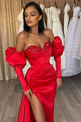 Glorious Red Long Sleeves Mermaid Prom Dress Slit With Sequins
